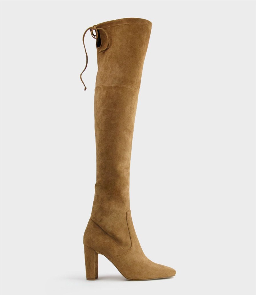 Edward Meller Vixen90 Block Heel Otk Stretch Boot In Tawny Suede Clearance