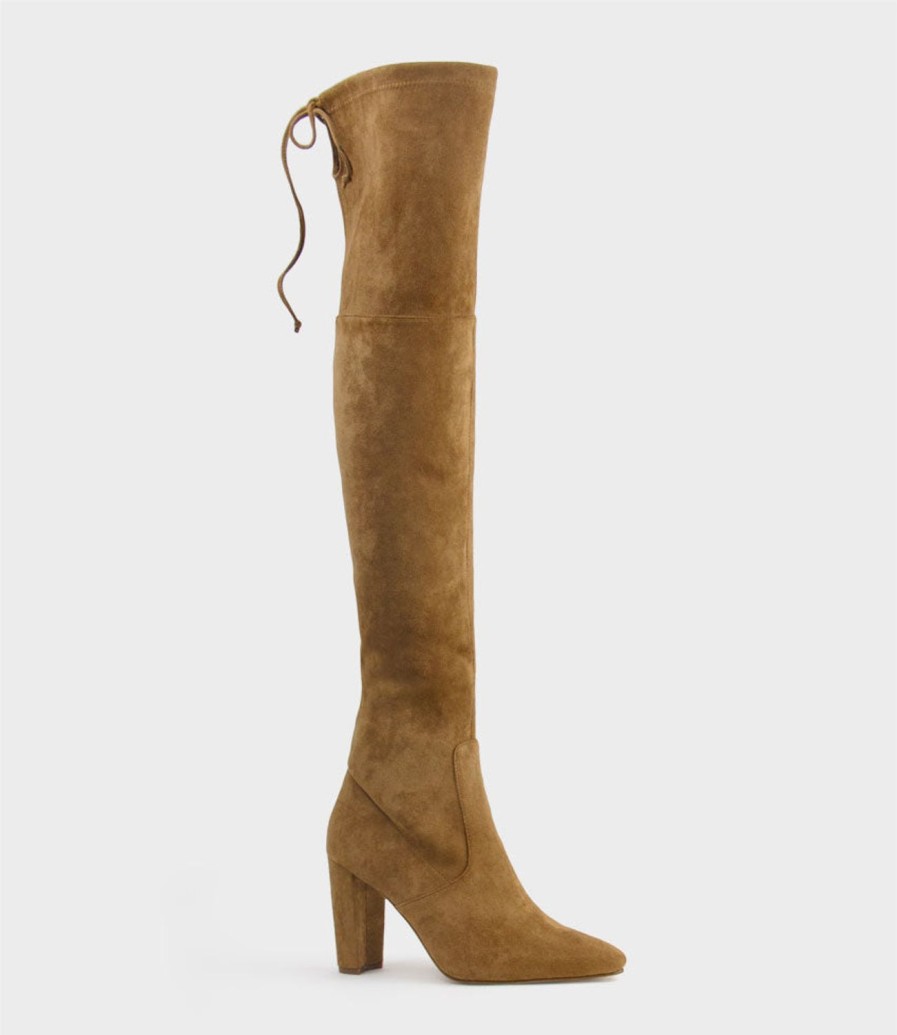 Edward Meller Vixen90 Block Heel Otk Stretch Boot In Tawny Suede Clearance