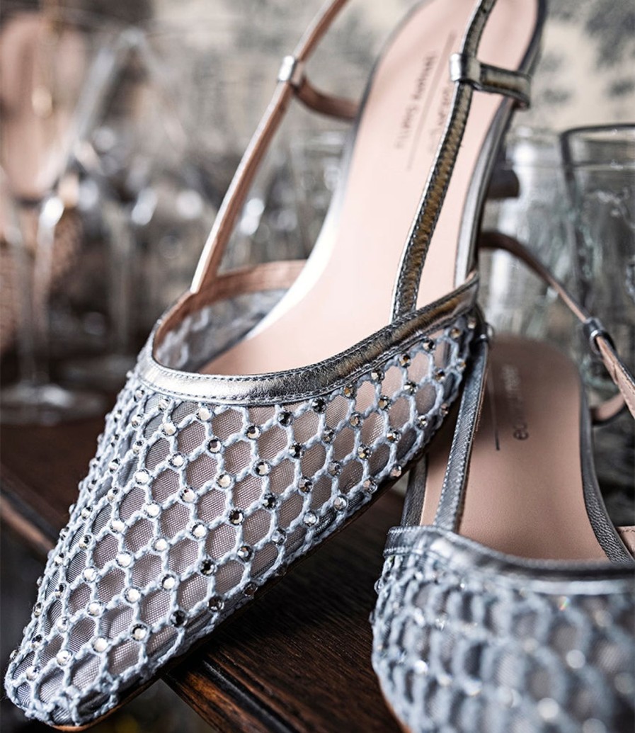 Edward Meller Destellar60 Crystal Mesh Slingback In Silver Clearance