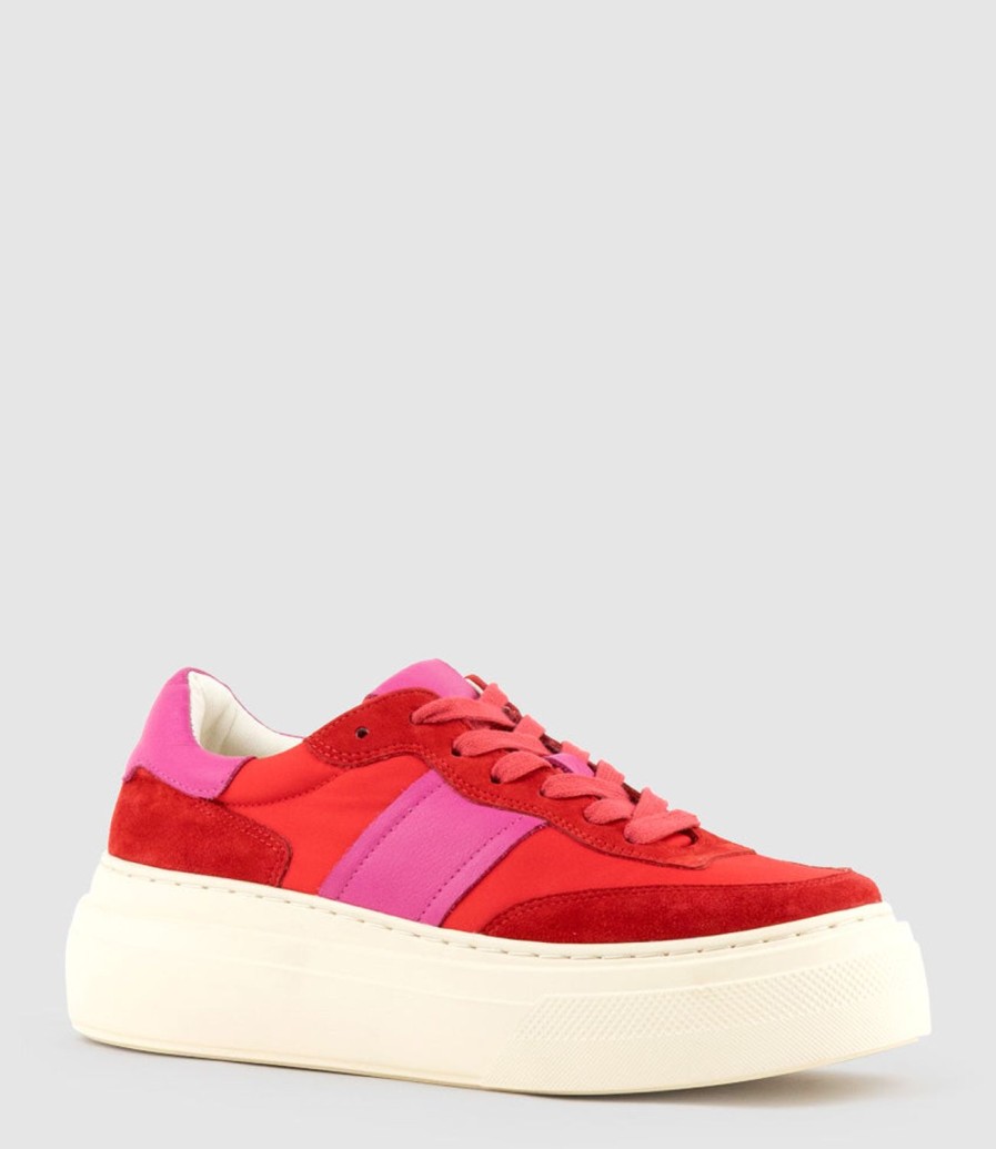 Edward Meller Jasper Retro Platform Sneaker In Red Combo New