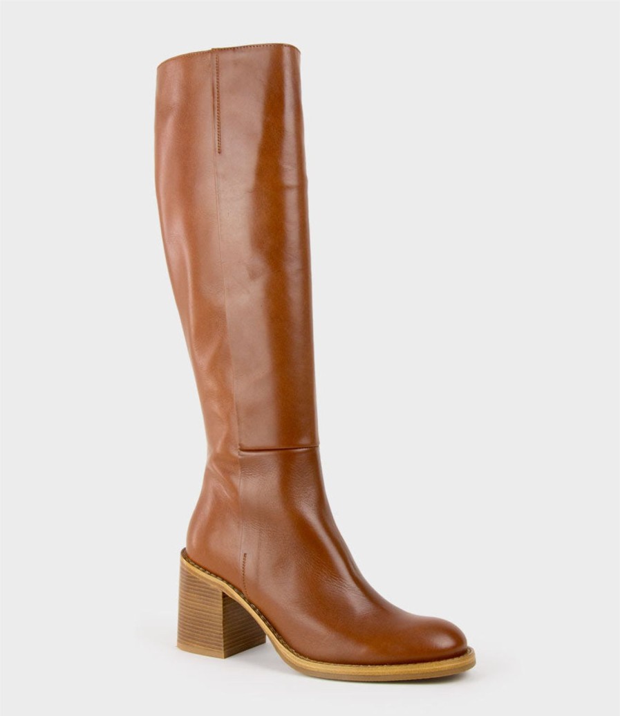 Edward Meller Vent Block Heel Knee High Boot In Tan Wholesale