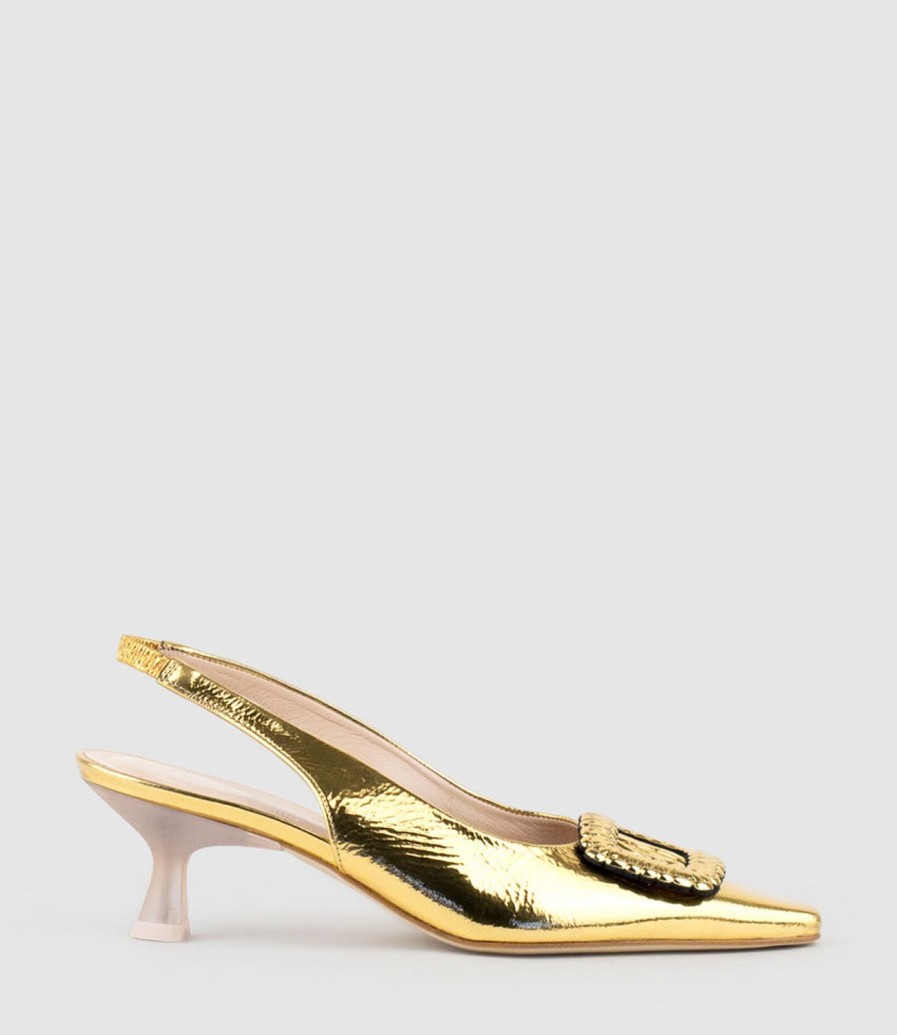 Edward Meller Dulce60 Slingback Pump With Buckle In Gold Crinkle Hot