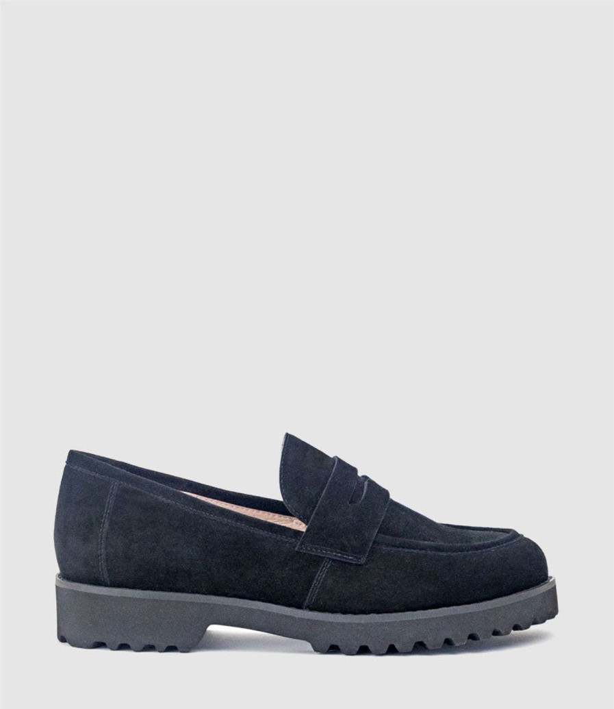 Edward Meller Gentry Chunky Moccasin On Eva Sole In Black Suede Clearance