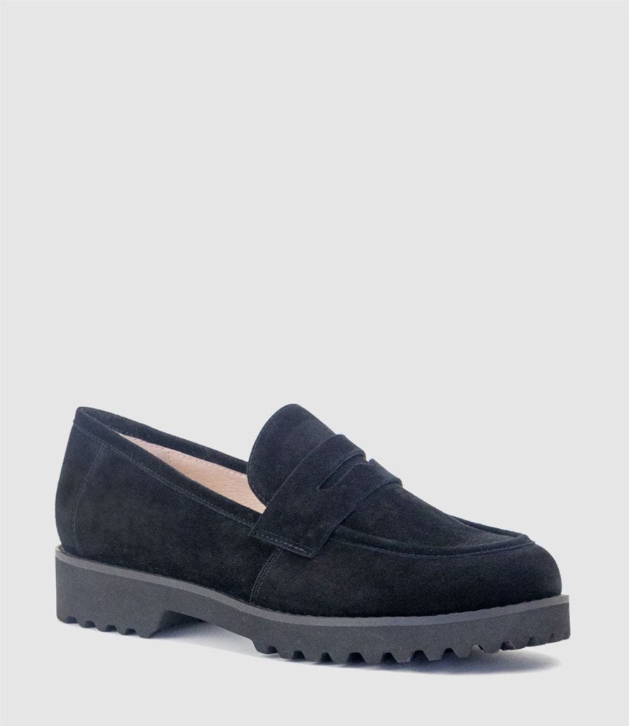 Edward Meller Gentry Chunky Moccasin On Eva Sole In Black Suede Clearance