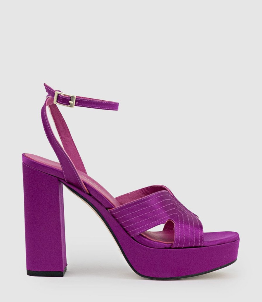 Edward Meller Rosalia100 Stitched Detail Platform Sandal In Magenta Satin Best