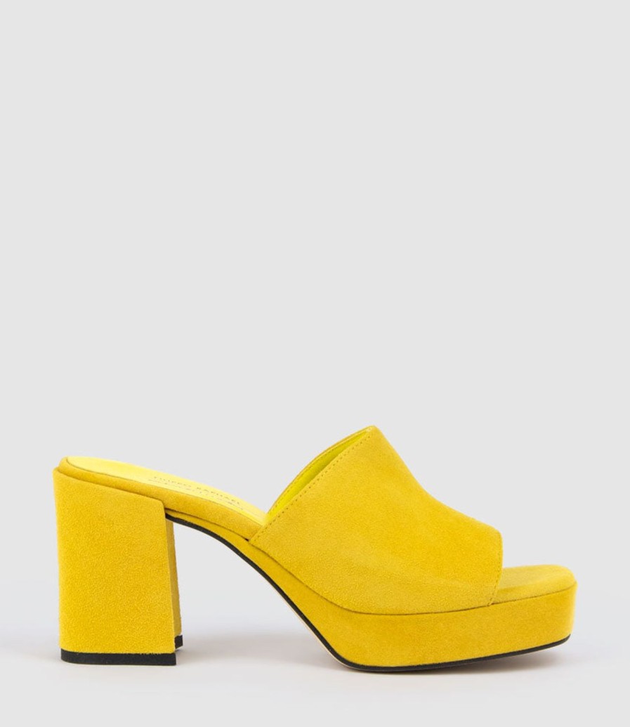 Edward Meller Tilla90 Platform Slide In Yellow Suede Hot