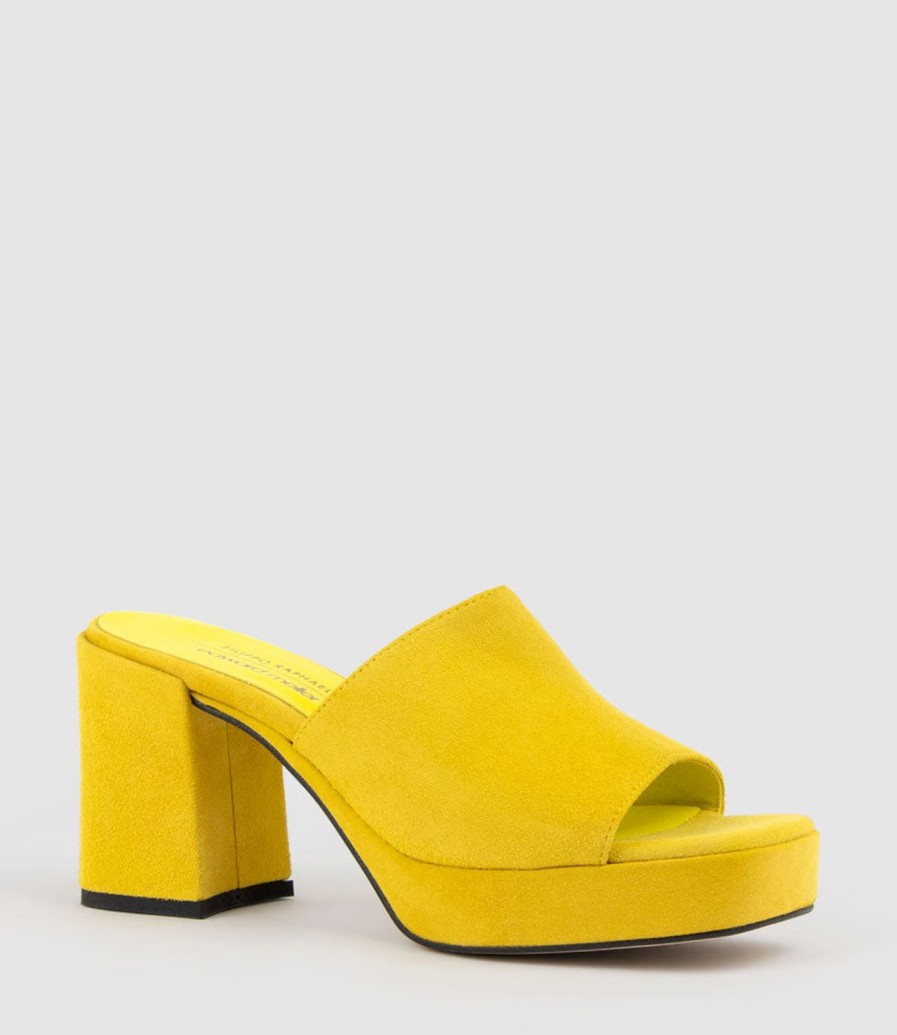 Edward Meller Tilla90 Platform Slide In Yellow Suede Hot