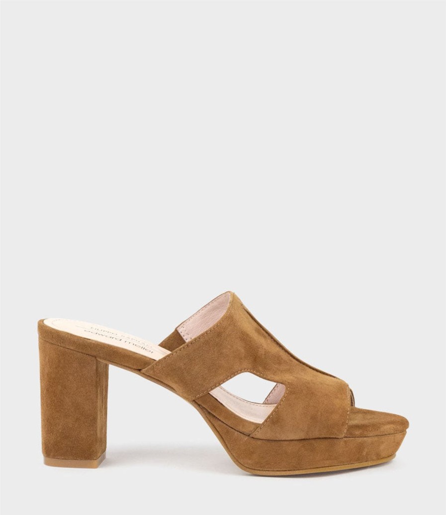 Edward Meller Iris80 Platform Slide With Cut-Out In Tawny Suede New