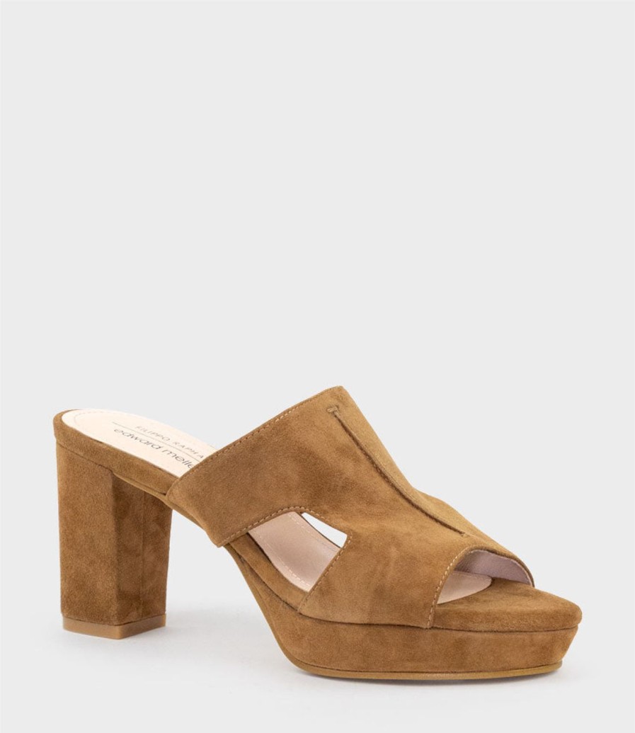 Edward Meller Iris80 Platform Slide With Cut-Out In Tawny Suede New