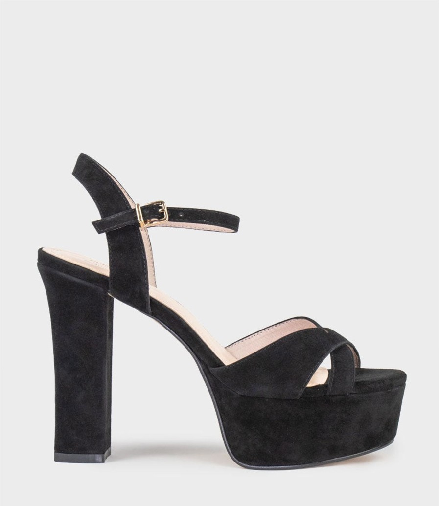 Edward Meller Ramona125 Inverted Crossover Platform Sandal In Black Suede Hot