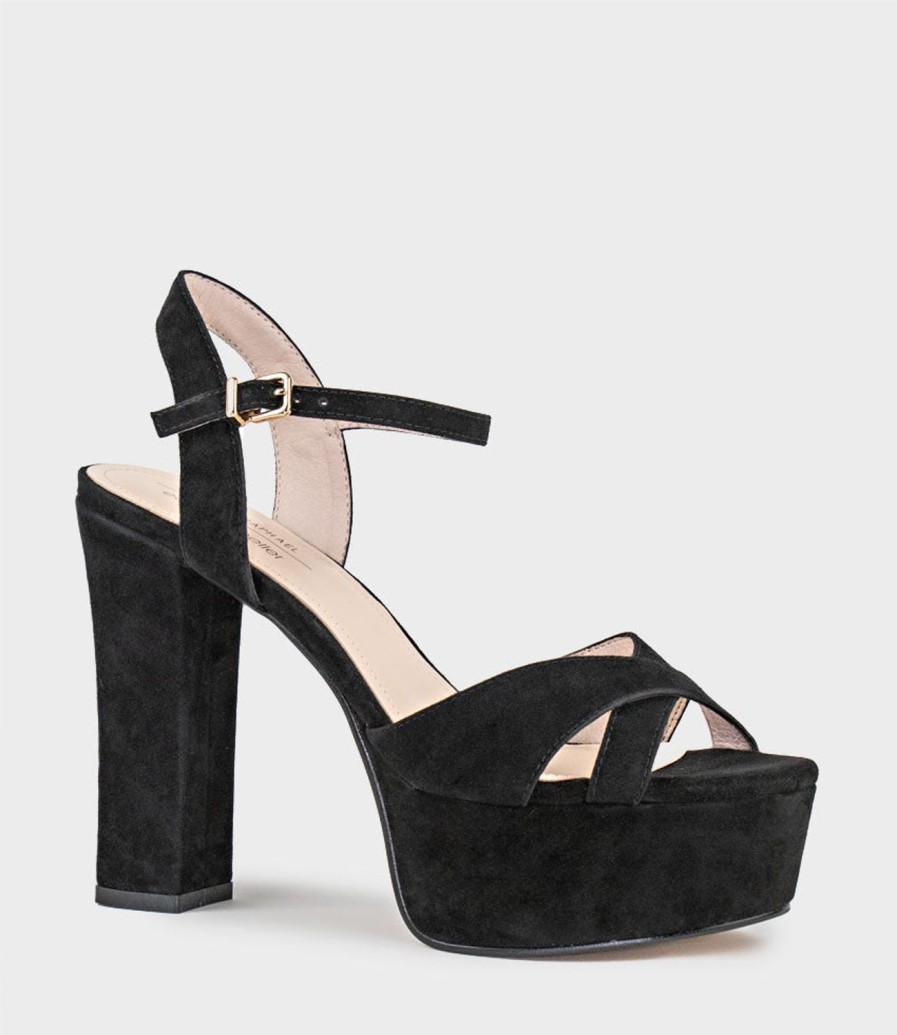 Edward Meller Ramona125 Inverted Crossover Platform Sandal In Black Suede Hot