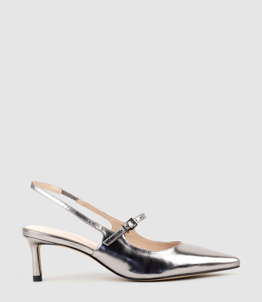 Edward Meller Dove55 Slingback With Strap In Pewter High Shine New