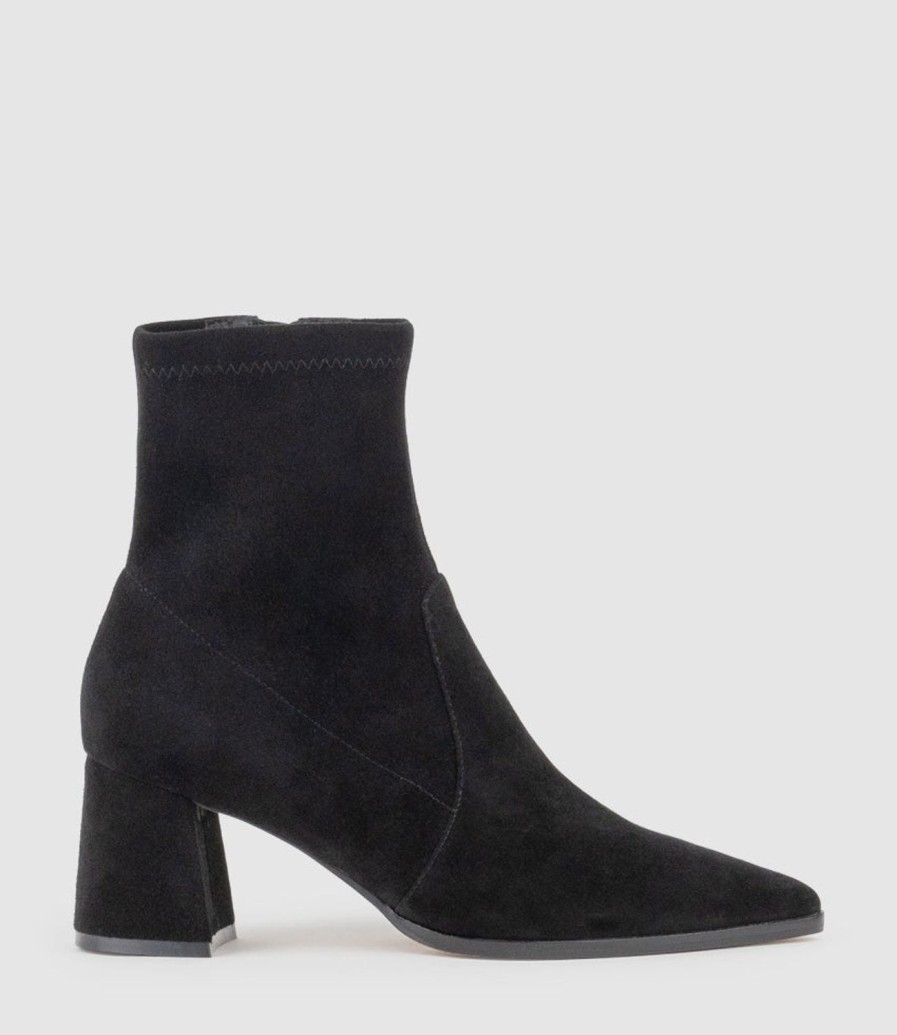 Edward Meller Zyla65 Block Heel Ankle Boot In Black Suede New