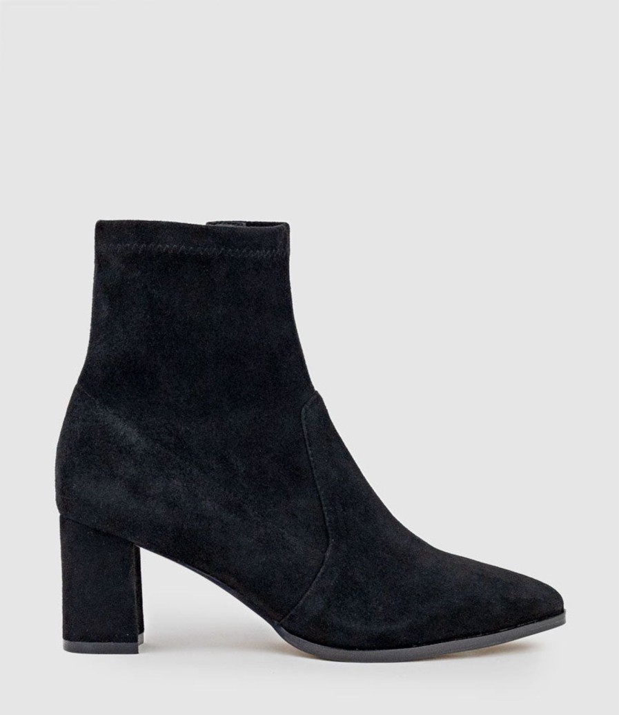 Edward Meller Zairo60 Block Heel Sock Boot In Black Suede Clearance