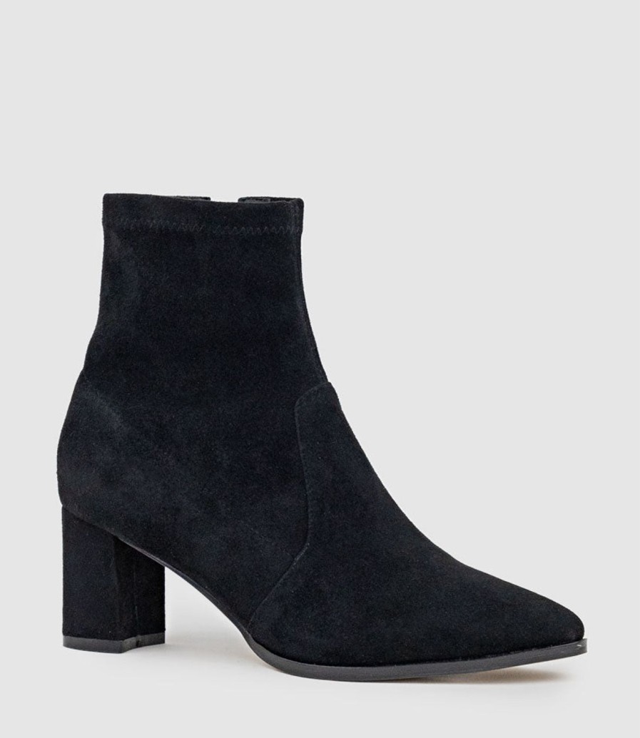 Edward Meller Zairo60 Block Heel Sock Boot In Black Suede Clearance