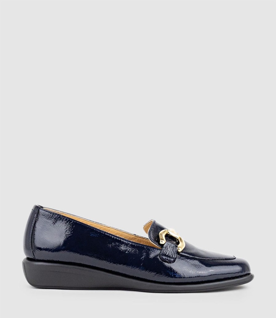 Edward Meller Gwen Comfort Loafer With Trim In Navy Patent Clearance