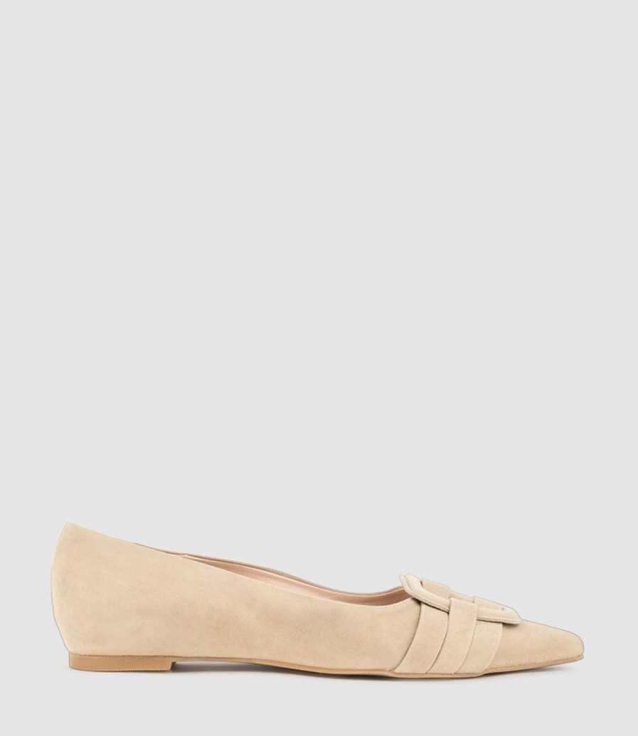 Edward Meller Destraflat Pointed Ballet With Buckle In Camel Suede Online