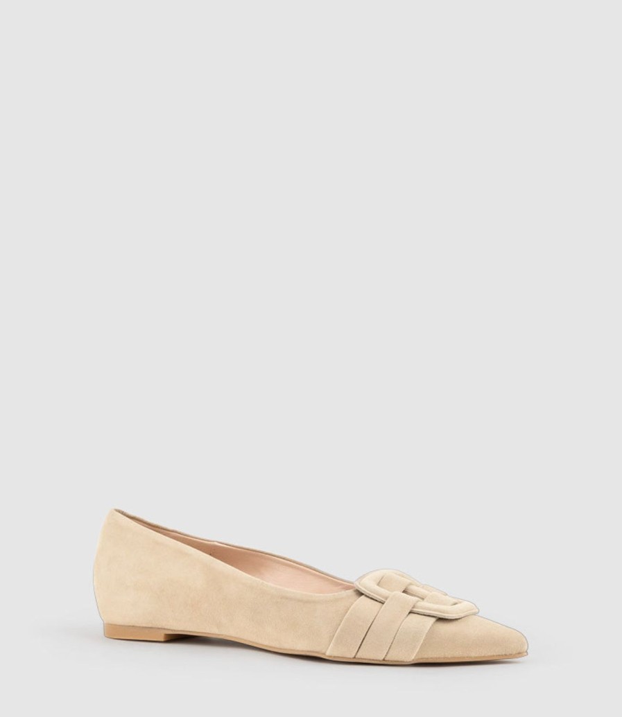 Edward Meller Destraflat Pointed Ballet With Buckle In Camel Suede Online