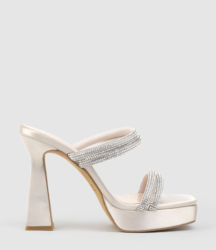 Edward Meller Isla110 Diamante Mulitband Platform Slide In Champagne Satin Hot