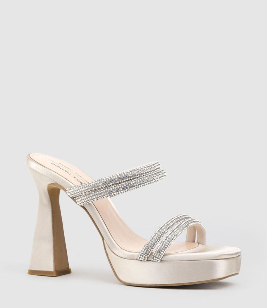 Edward Meller Isla110 Diamante Mulitband Platform Slide In Champagne Satin Hot