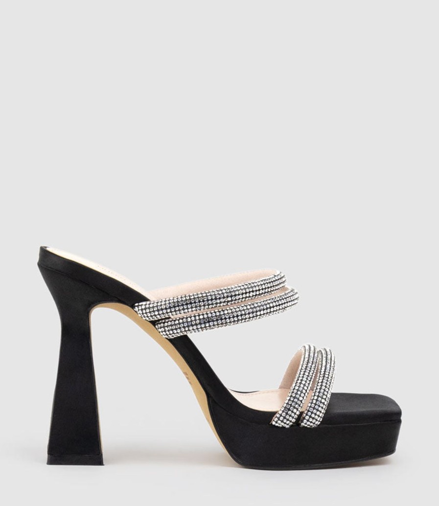 Edward Meller Isla110 Diamante Mulitband Platform Slide In Black Satin Clearance