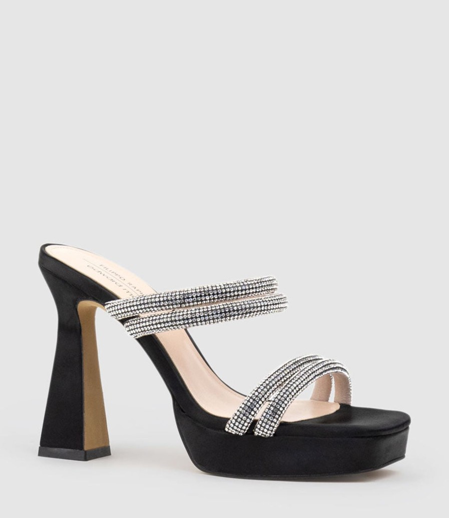 Edward Meller Isla110 Diamante Mulitband Platform Slide In Black Satin Clearance