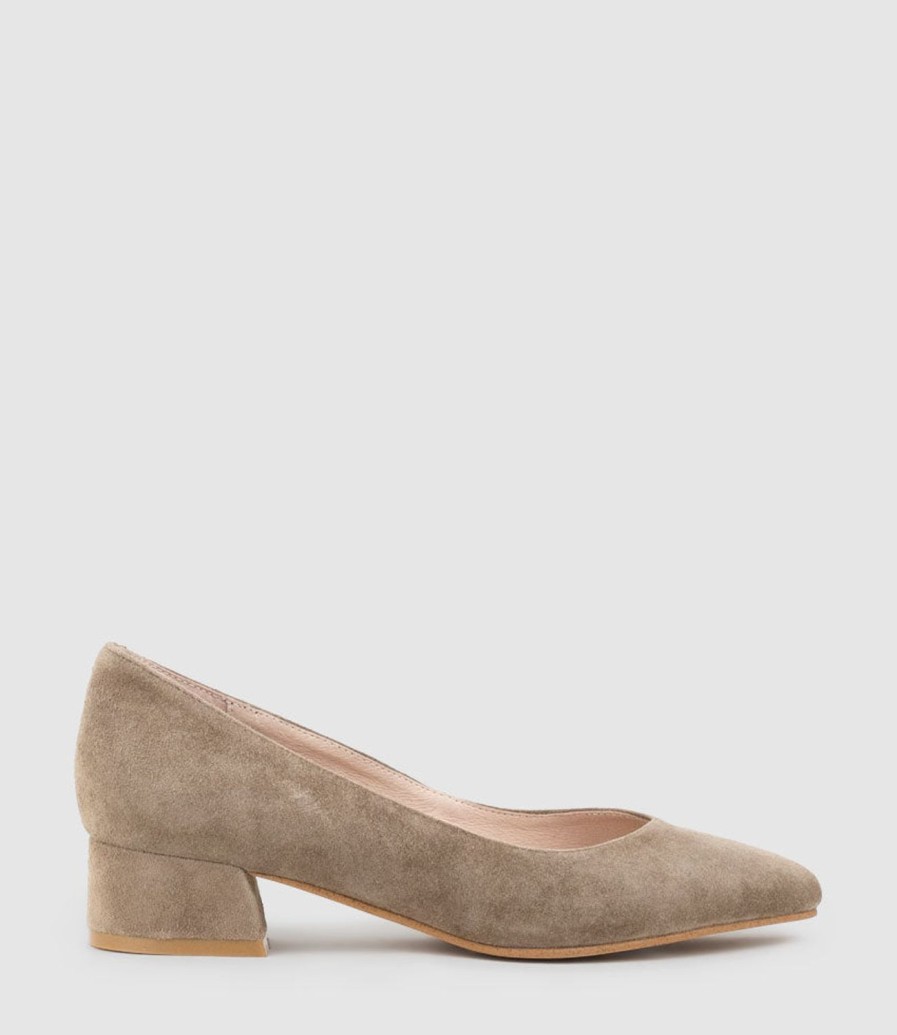 Edward Meller Audrey35 Low Block Heel Pump In Latte Suede Clearance