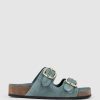 Edward Meller Kori Two Strap Slide On Footbed In Green Suede Online