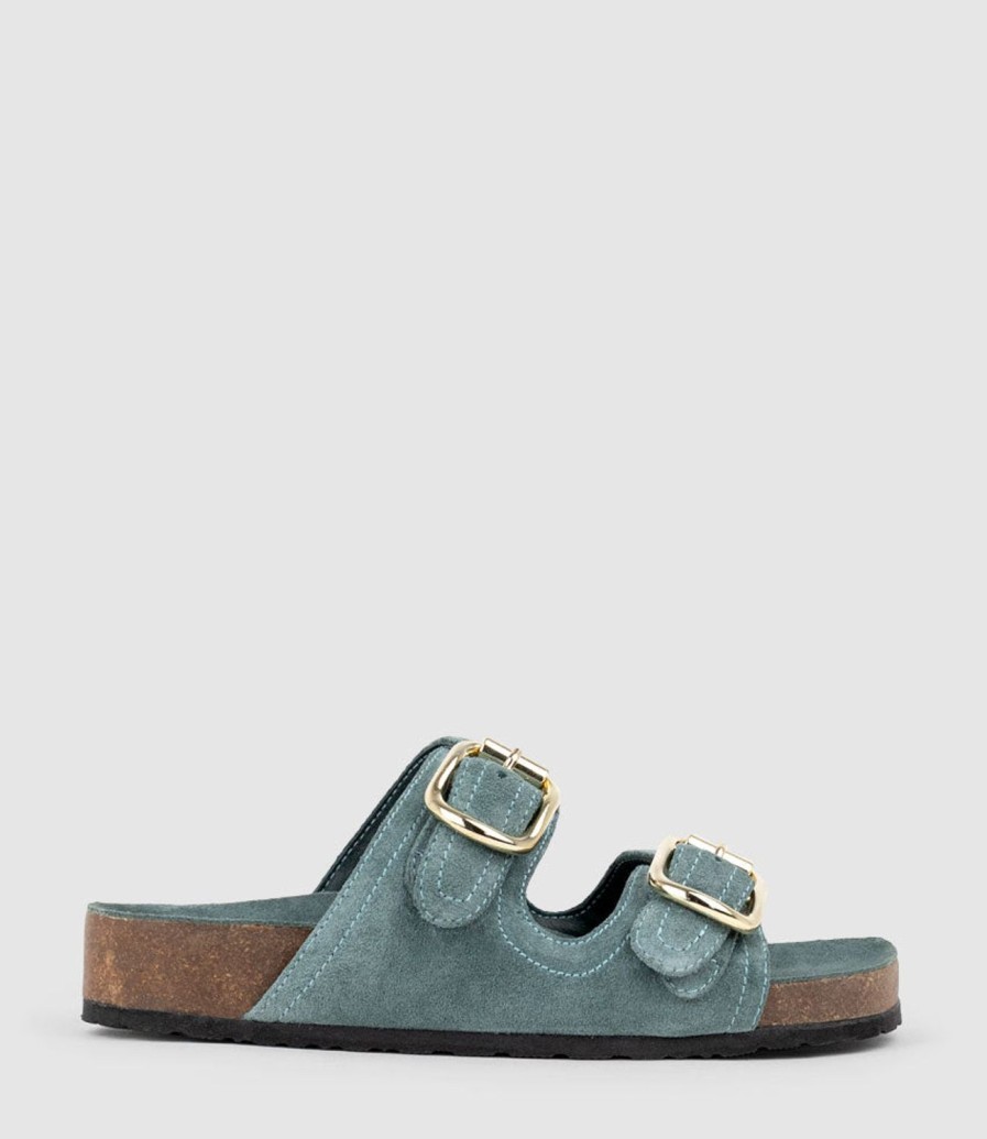 Edward Meller Kori Two Strap Slide On Footbed In Green Suede Online