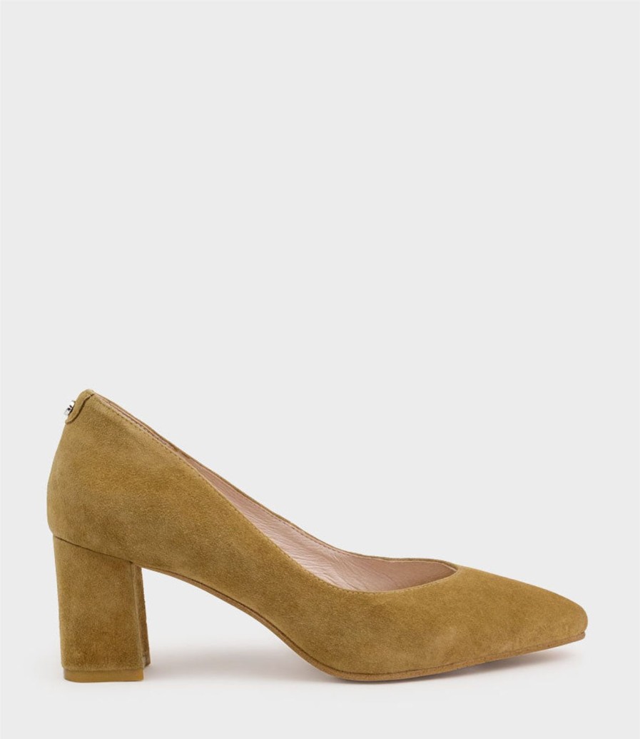 Edward Meller Cordelia60 Pointed Block Heel Pump In Camel Suede Clearance