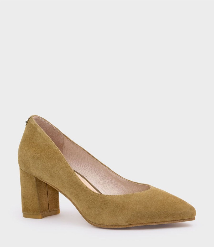 Edward Meller Cordelia60 Pointed Block Heel Pump In Camel Suede Clearance