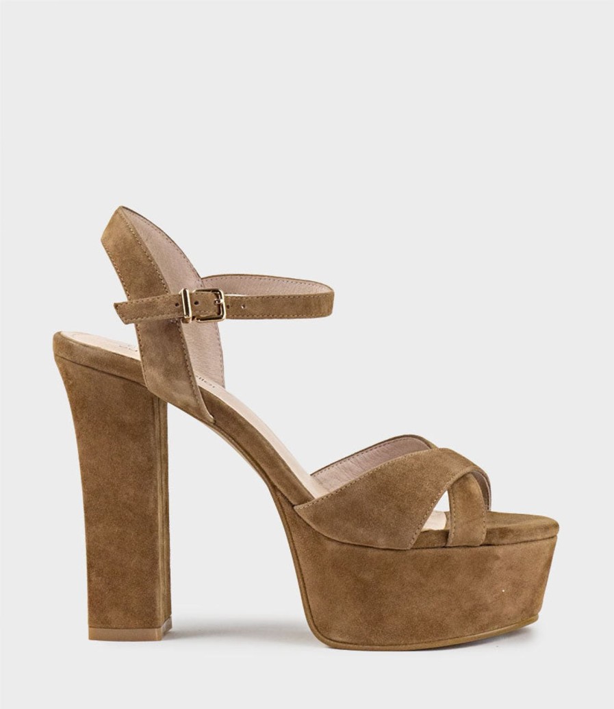 Edward Meller Ramona125 Inverted Crossover Platform Sandal In Tawny Suede New