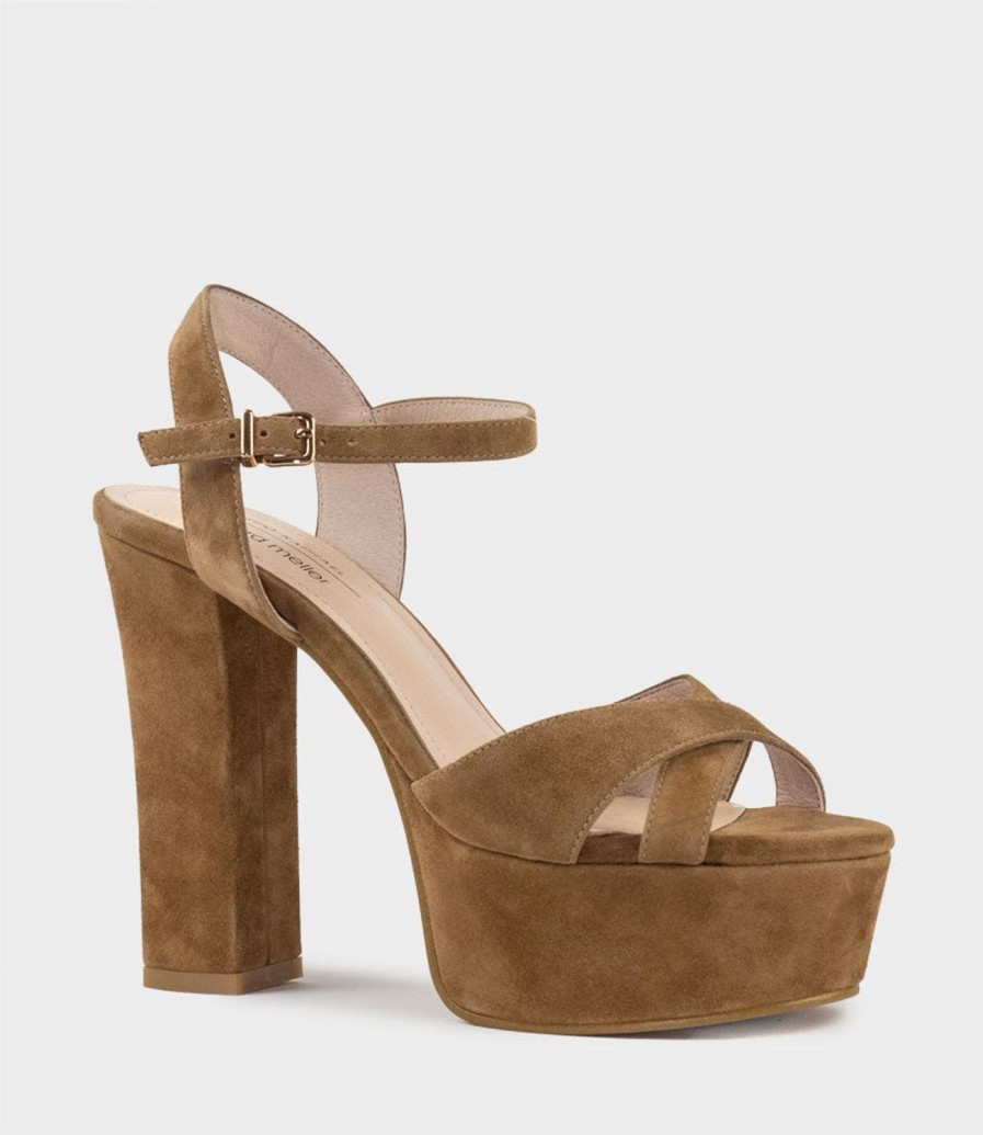 Edward Meller Ramona125 Inverted Crossover Platform Sandal In Tawny Suede New