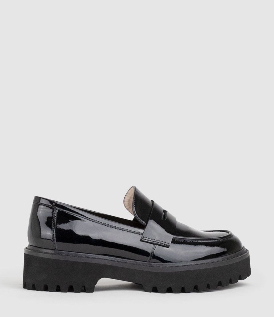 Edward Meller Gillian Moccasin On Chunky Sole In Black Patent Clearance