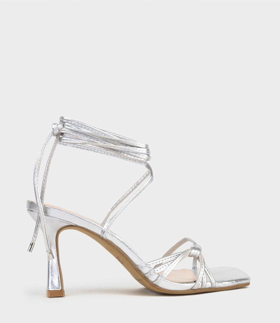 Edward Meller Sidney80 Square Toe Ankle Tie Sandal In Silver Best