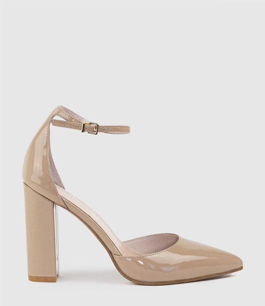 Edward Meller Glam100 Block Heel Dorsay Pump In Nude Patent Hot