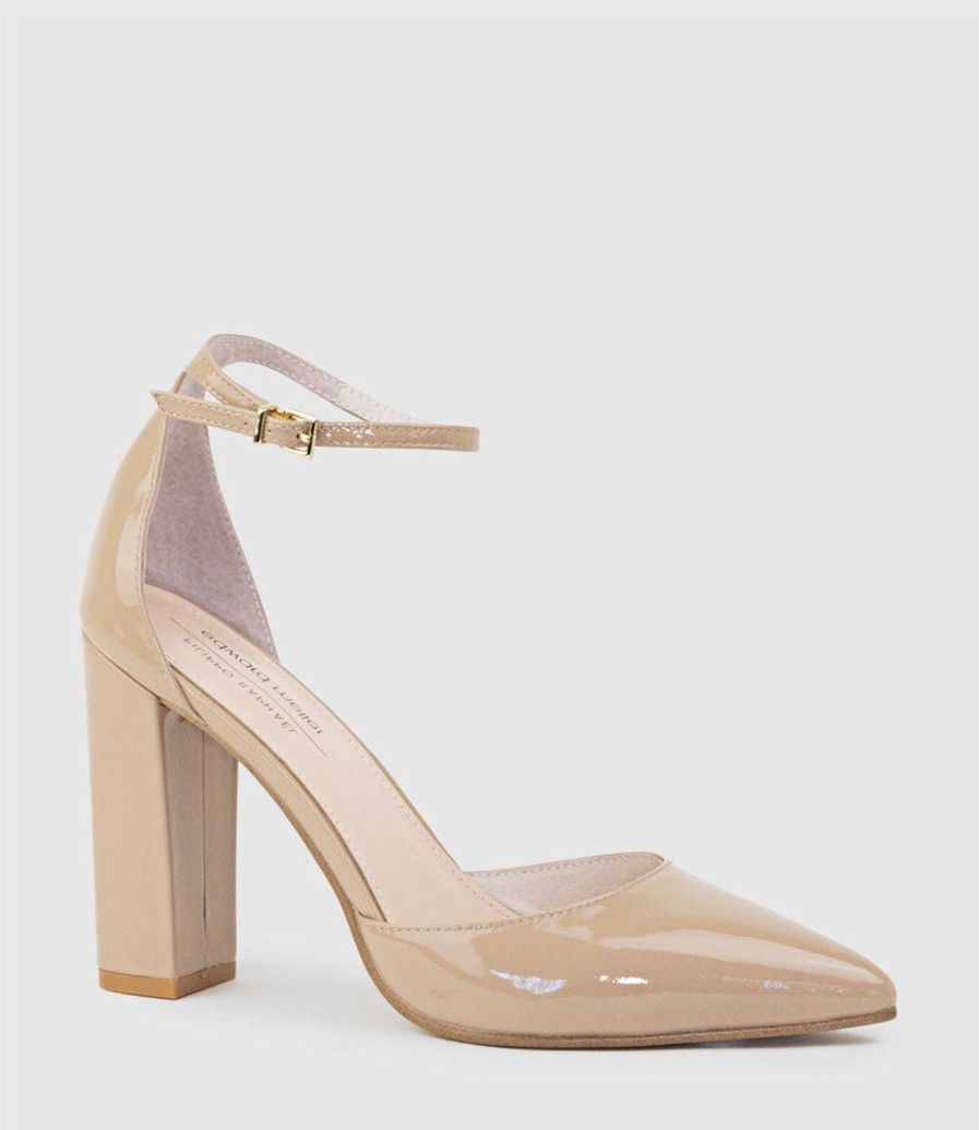 Edward Meller Glam100 Block Heel Dorsay Pump In Nude Patent Hot