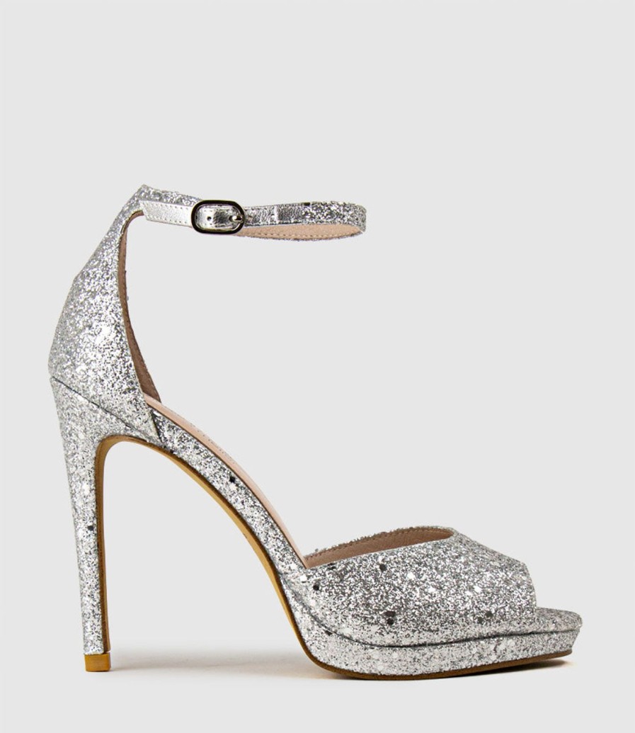 Edward Meller Wren110 Peep Toe Platform Sandal In Silver Sparkle Clearance