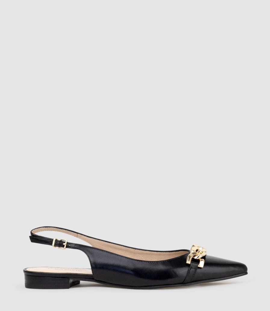 Edward Meller Elda Pointed Slingback With Chain Detail In Black Baby Calf Best