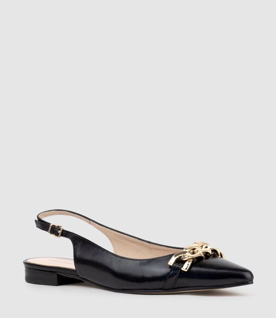 Edward Meller Elda Pointed Slingback With Chain Detail In Black Baby Calf Best