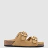 Edward Meller Kori Two Strap Slide On Footbed In Tan Suede Hot