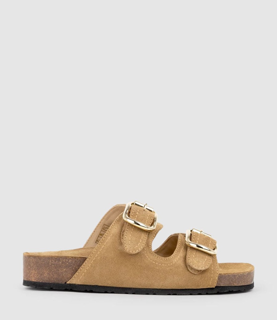 Edward Meller Kori Two Strap Slide On Footbed In Tan Suede Hot