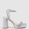 Edward Meller Rasso95 Platform Sandal With Diamante Straps In Silver Satin Clearance