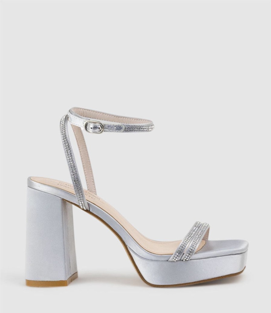 Edward Meller Rasso95 Platform Sandal With Diamante Straps In Silver Satin Clearance