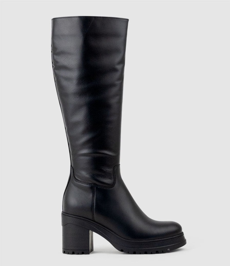 Edward Meller Primrose Knee Boot On Rubber Heel In Black New