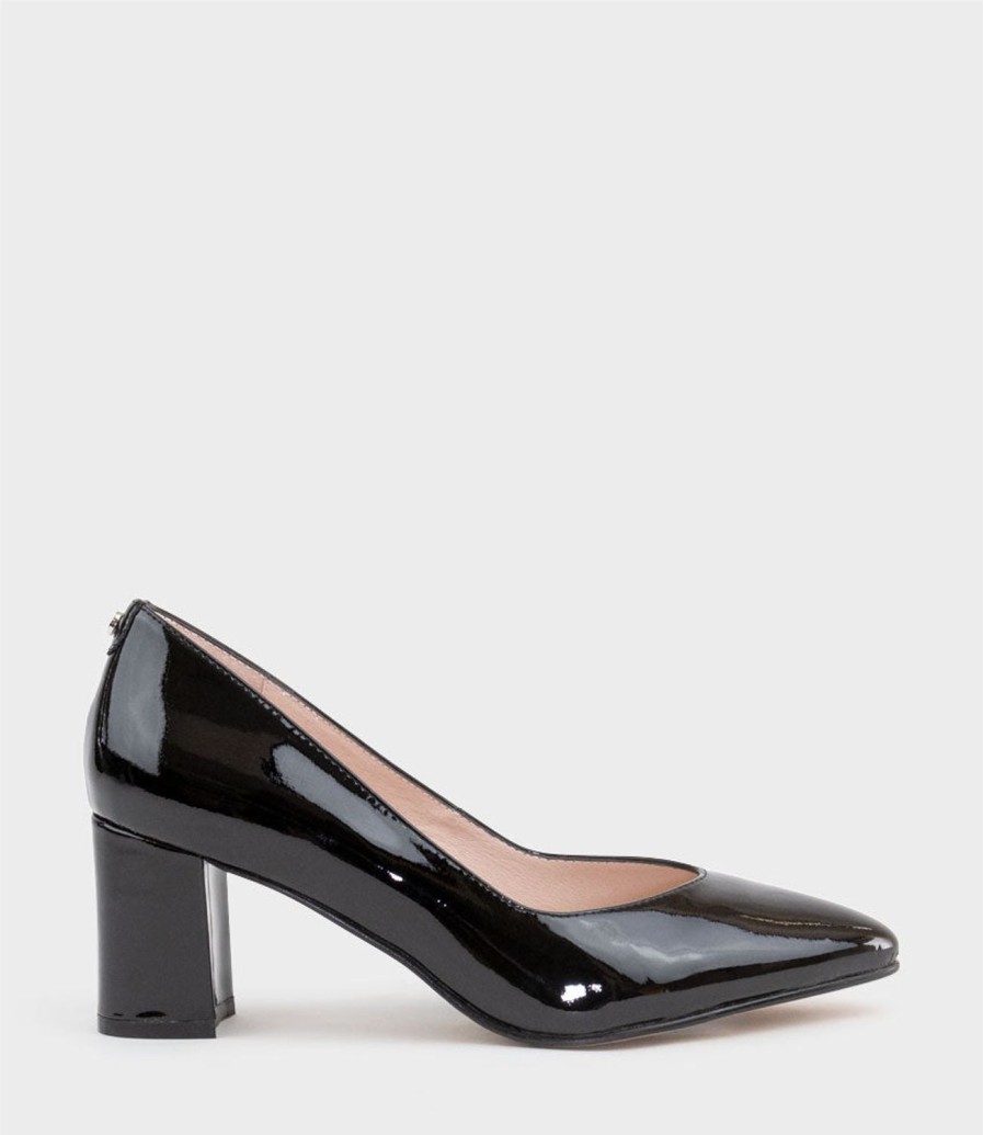 Edward Meller Cordelia60 Pointed Block Heel Pump In Black Patent Clearance