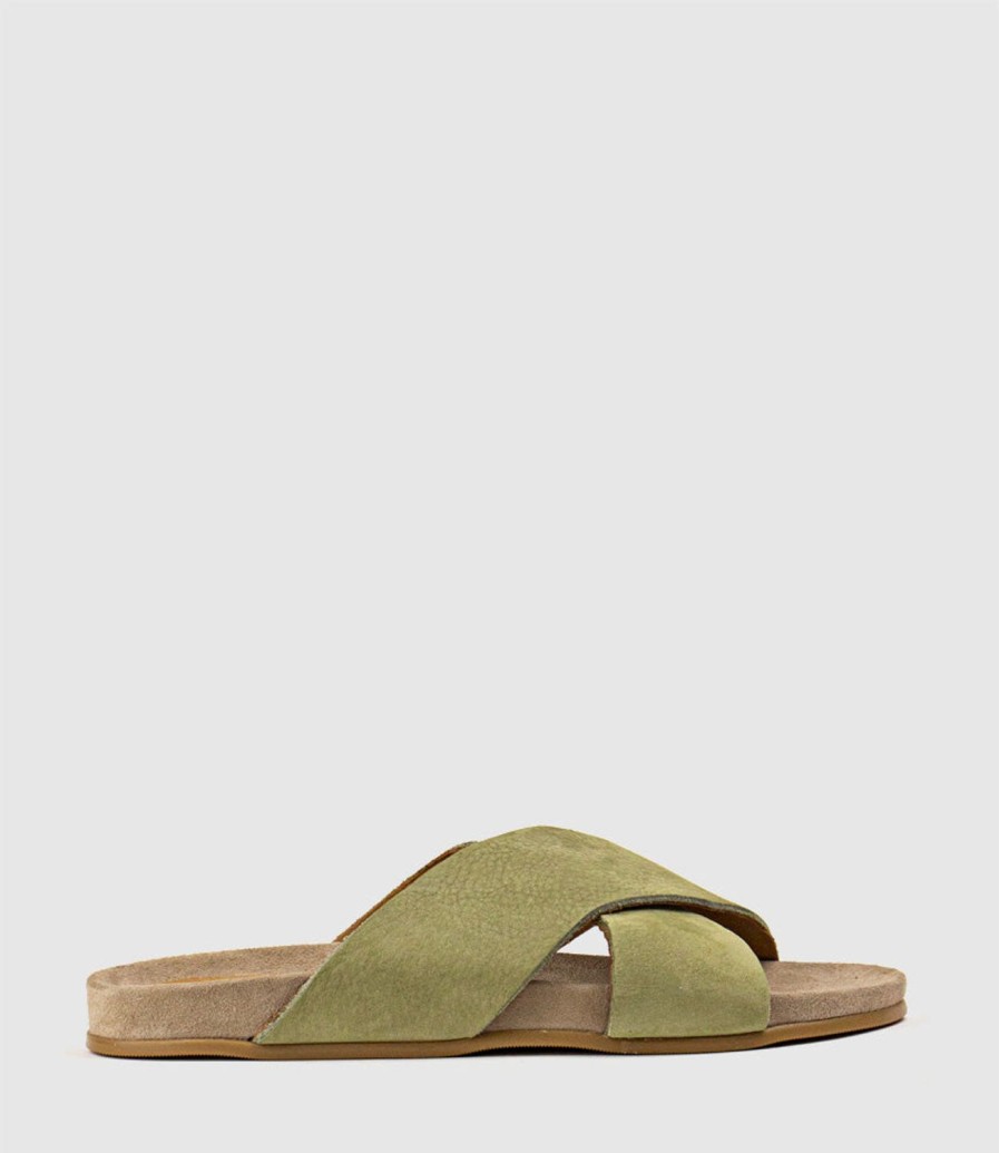 Edward Meller Harriet Crossover Slide On Footbed In Khaki Hot