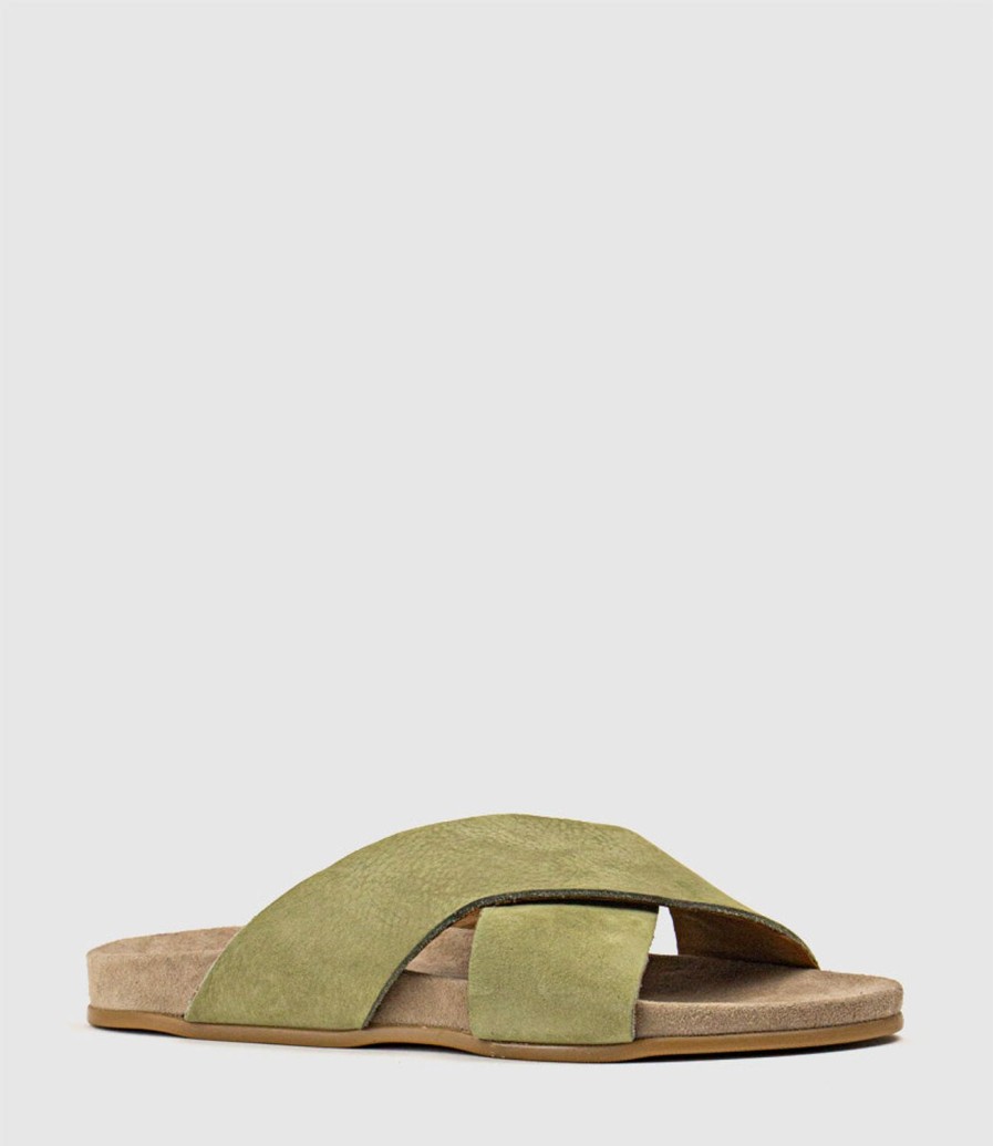 Edward Meller Harriet Crossover Slide On Footbed In Khaki Hot