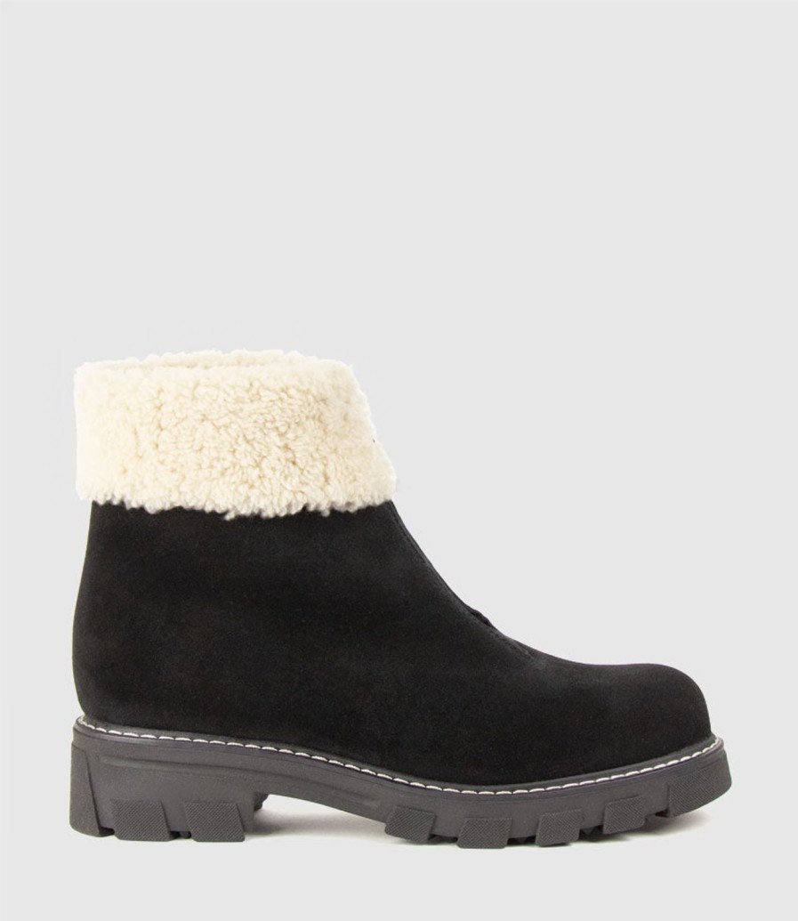 Edward Meller Abban Front Zip Boot With Shearling In Black Suede Clearance