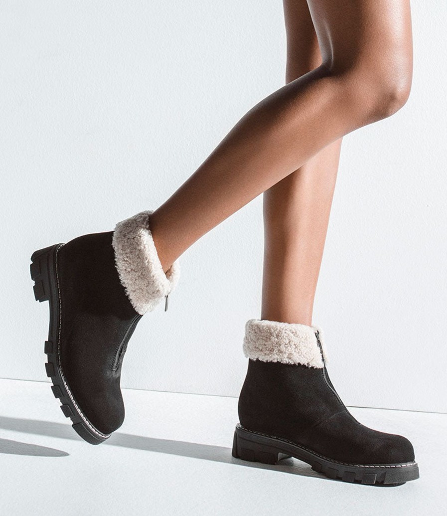 Edward Meller Abban Front Zip Boot With Shearling In Black Suede Clearance